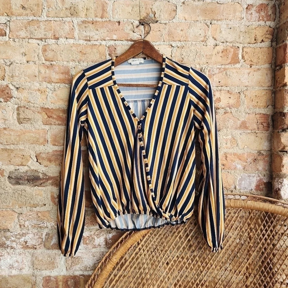 Marci Striped faux wrap gold and navy long sleeve top - Picture 1 of 5